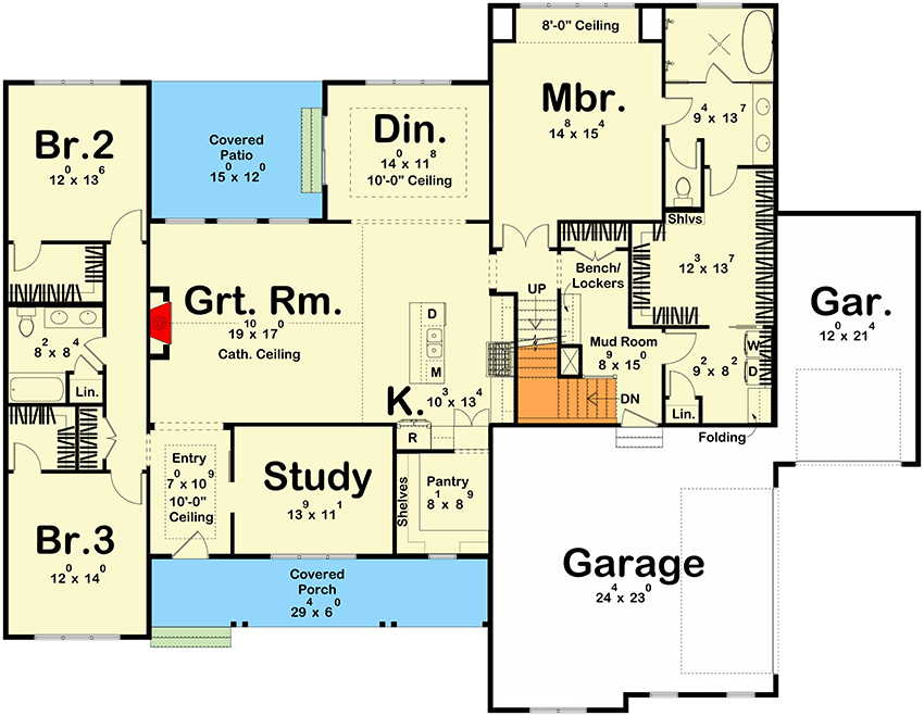 Plan 623337DJ: 4 Bed New American Craftsman Home Plan with Split Beds and Study - 3407 Sq Ft - Floor Plan - Main Level - Country, Craftsman, Modern Farmhouse, New American