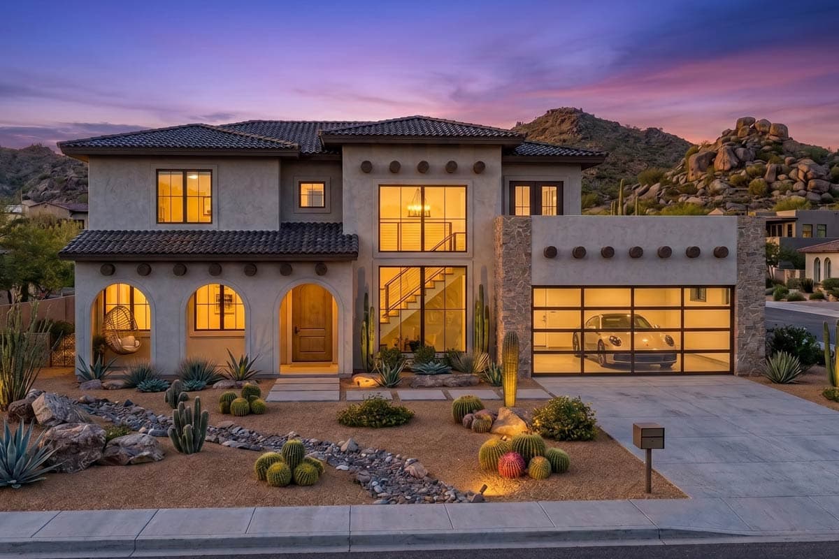 Two-story house plan exterior with arched entry, large windows, tile roof, and glass garage door. Desert landscaping.