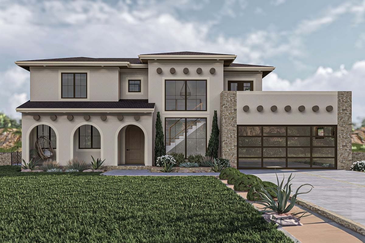 House plan exterior. Two-story Mediterranean style with arched entry porch, flat roof, and stone facade accents. Features large windows and garage.