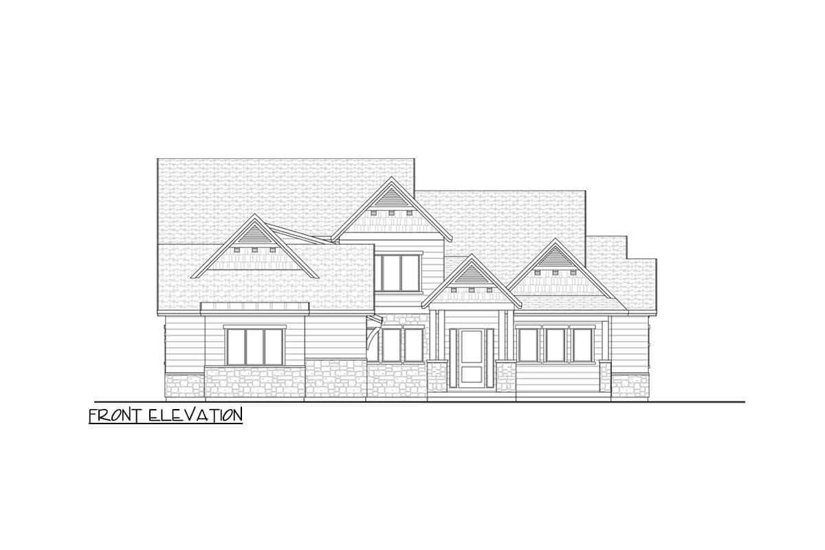 Front elevation of a house plan with multiple gables, stone accents, a covered porch, and diverse window styles.