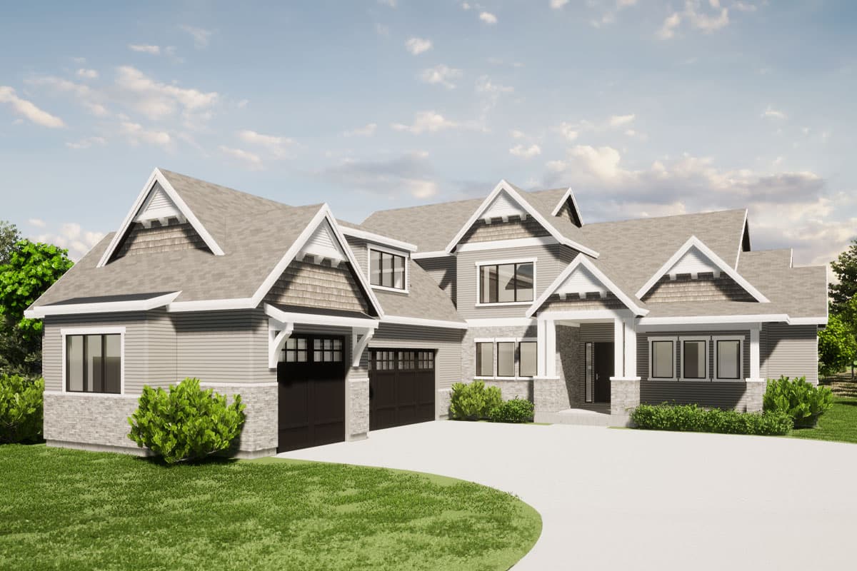 House plan exterior with Craftsman details. Two-story home with multiple gables, a covered entry, and a three-car garage. Stone veneer accents.