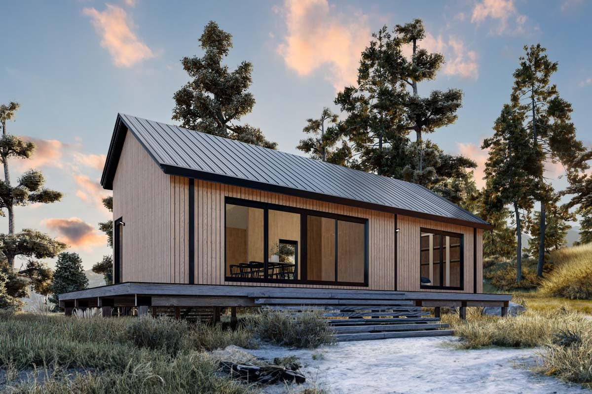 House plan exterior. Modern style with a shed roof, large windows, and a raised foundation. Exterior features wood siding with black trim.