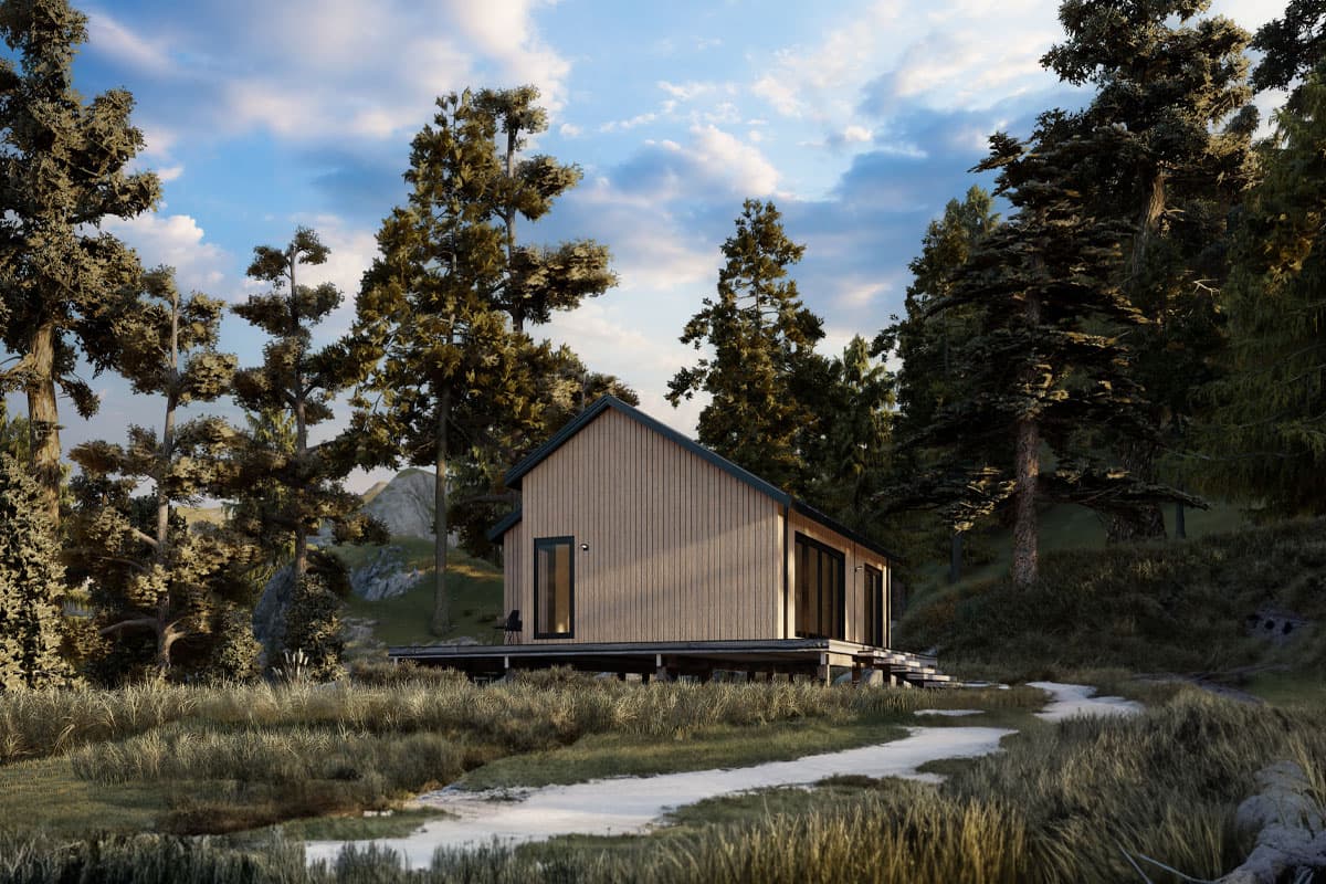 House plan exterior: Modern cabin with a gable roof, elevated deck, and large windows, set among trees.