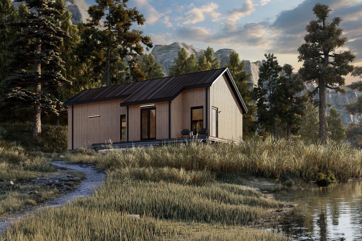 Modern house plan exterior with wood siding, dark metal roof, and large windows.