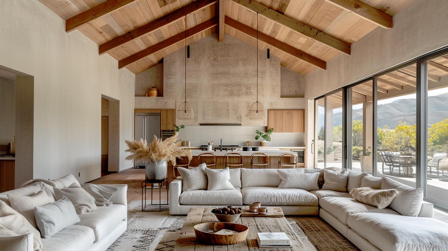 Great room with vaulted wood-beamed ceiling, kitchen island, and expansive sliding glass doors.