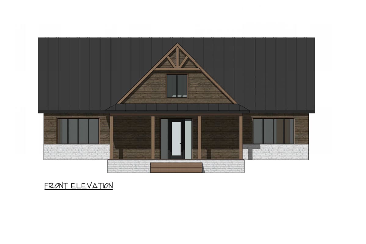 Front elevation drawing of a house plan with a gabled roof, covered porch, and wood siding.