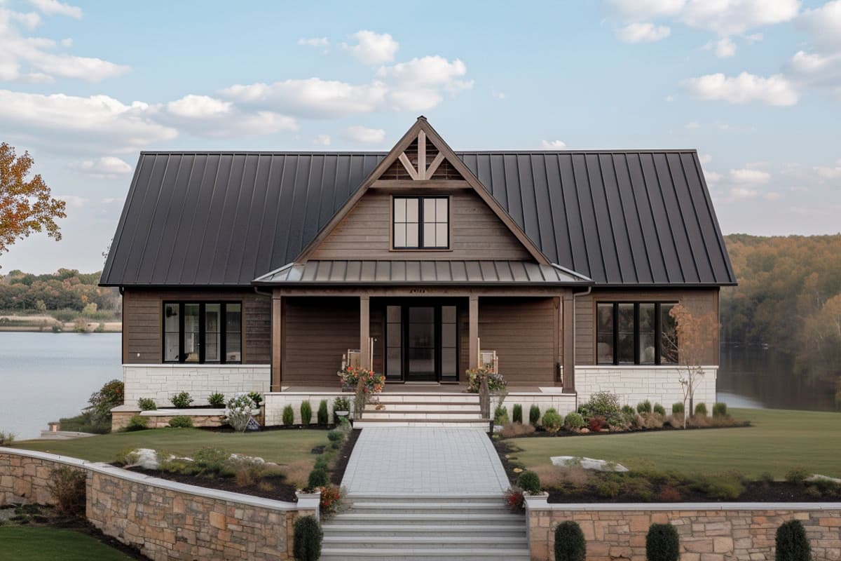House plan exterior. Two-story home with Craftsman style. Features include a front porch, gabled roof, and dark metal roof material.