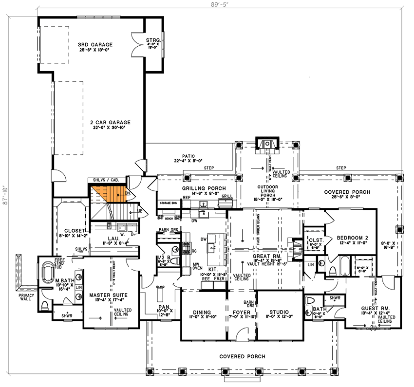 Plan 70881MK: 3-Bed Farmhouse Plan with 3-Car Garage and Bonus Level Above - 2564 Sq Ft - Floor Plan - Basement Stairs Locating - Country, Farmhouse, Modern Farmhouse, New American