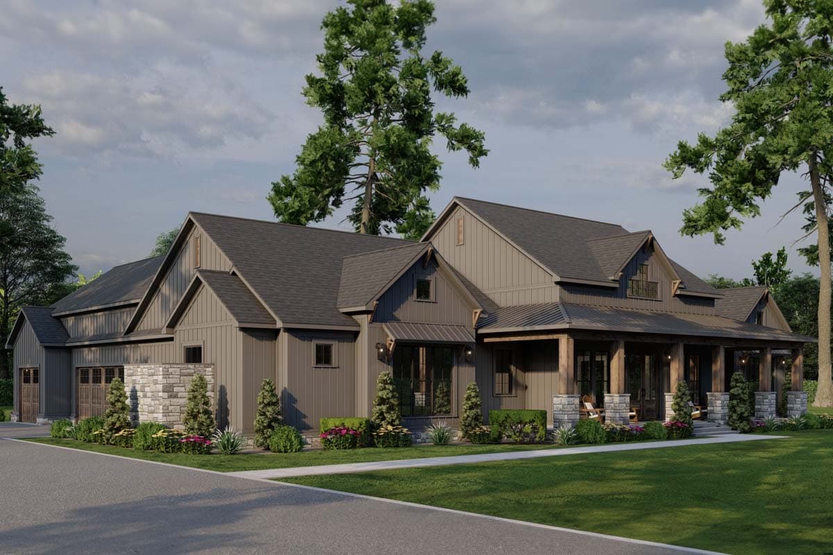 House plan exterior: Modern Farmhouse style, two stories, gable rooflines, wide covered porch with stone supports, and board-and-batten siding.