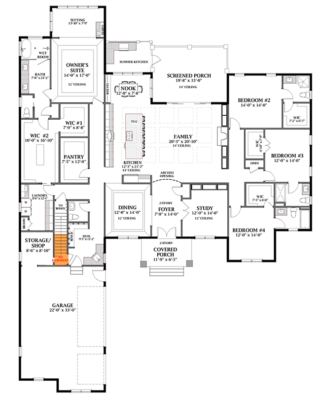 Plan 46515LA: 4-Bed Transitional House Plan with 3-Car Garage and Bonus Expansion Above - 3699 Sq Ft - Floor Plan - Basement Stairs Location - European, Southern, Transitional