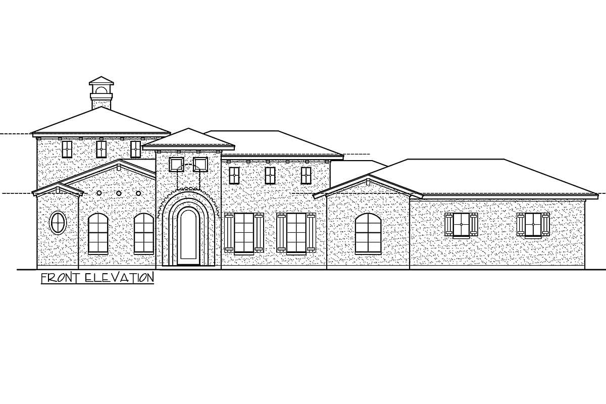 Front elevation drawing of a two-story house plan with arched entryway, varied rooflines, and multiple window styles.