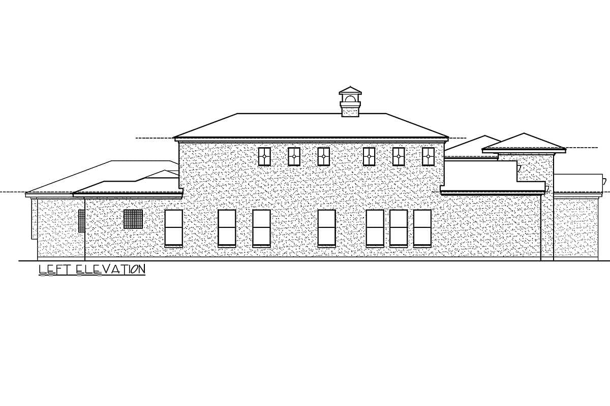 Left elevation drawing of a house plan featuring varied rooflines and multiple windows.