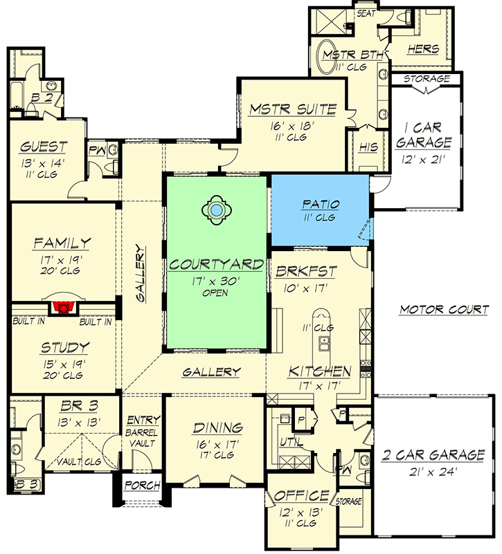 Plan 36118TX: Central Courtyard Dream Home - Floor Plan - Main Level - European, Mediterranean, Spanish, Tuscan