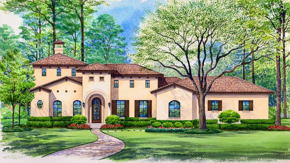 House plan exterior: Mediterranean style, two-story, clay tile roof, arched entry, multiple gables, and tower.