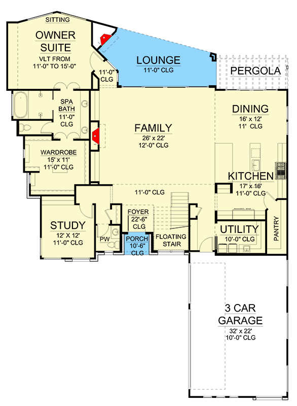 Plan 36700TX: 2-Story Contemporary Hill Country House Plan with 4 Bedrooms - 3633 Sq Ft - Floor Plan - Main Level - Contemporary, Hill Country, Transitional