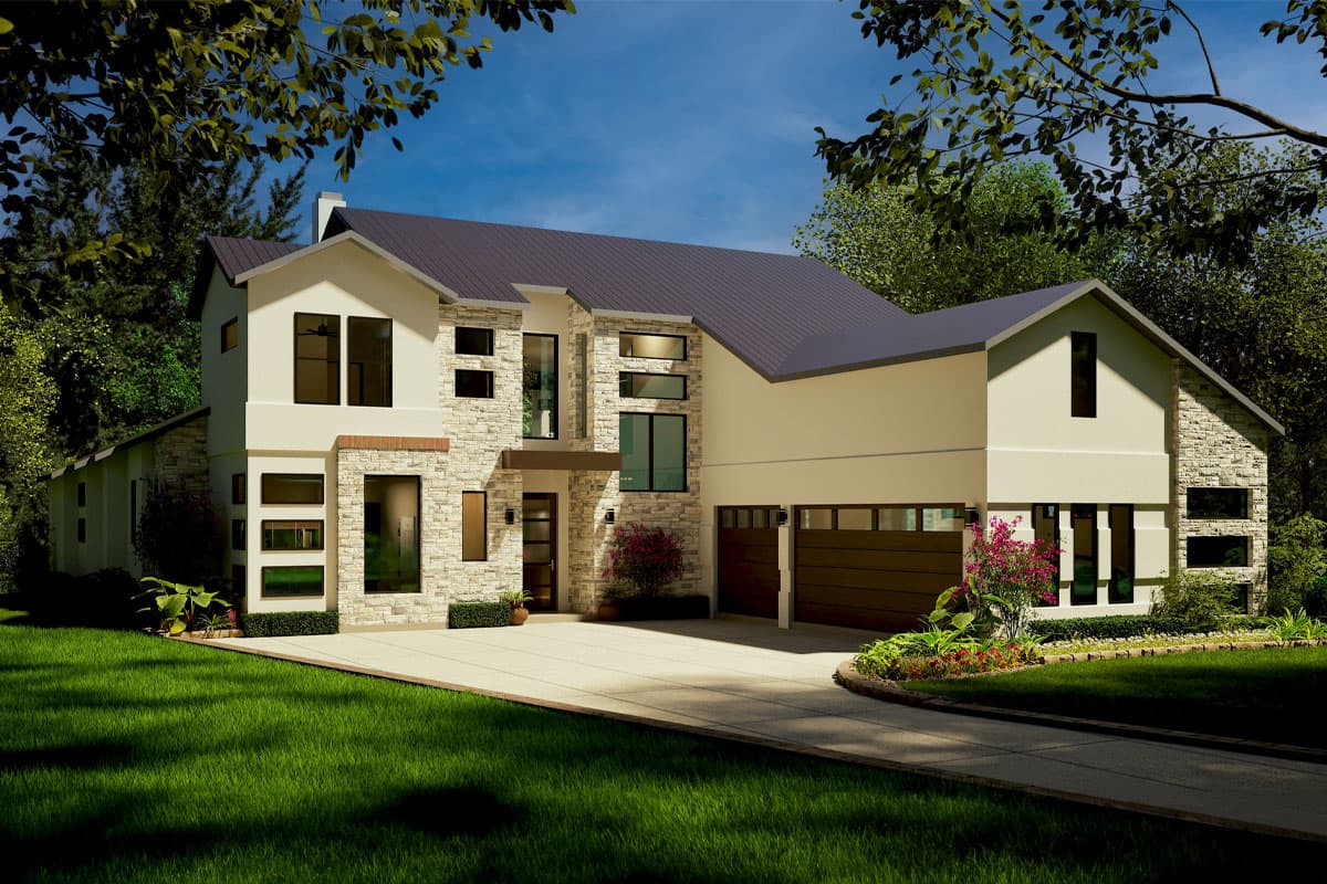 Contemporary two-story house plan exterior with stone accents, multiple gables, and a triple garage.
