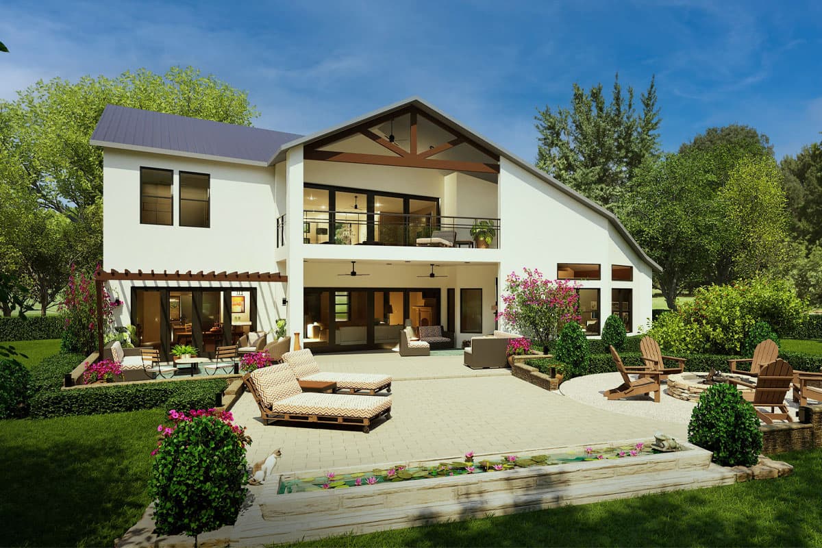 Modern house plan exterior with two stories, gabled roof, large balcony, and patio with fire pit.