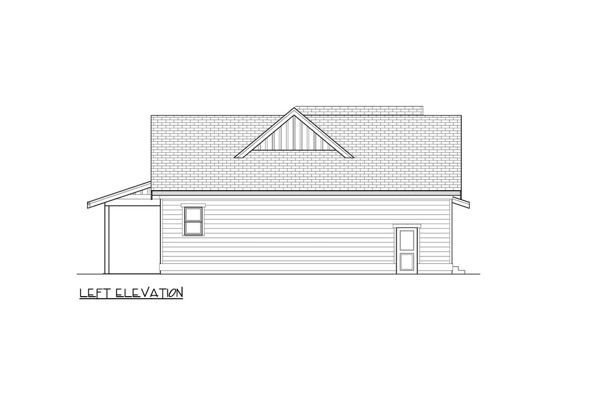 Left elevation drawing of a house plan showing siding, a gable dormer, a window, and a door.