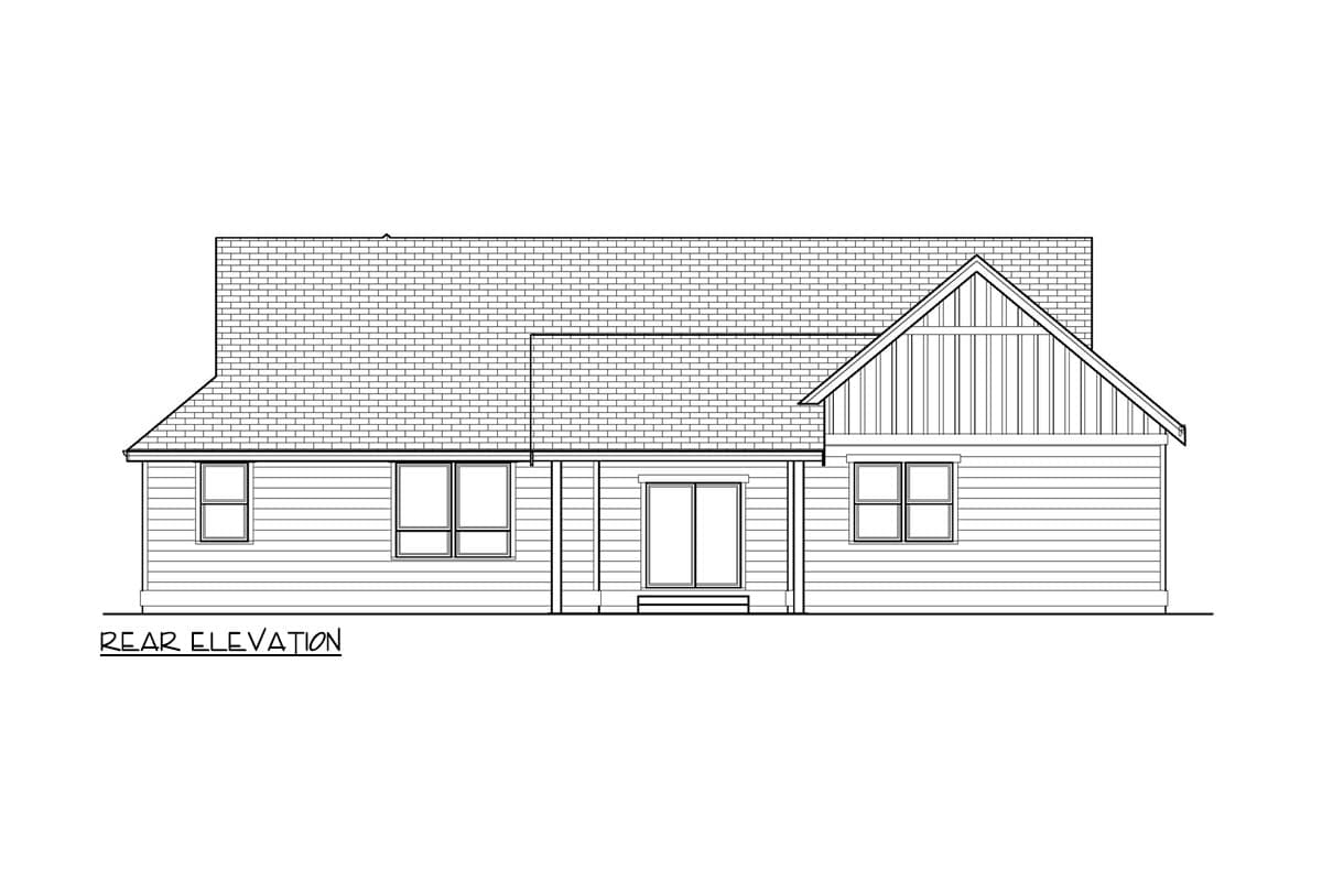 Rear elevation drawing of a one-story house plan with horizontal siding, multiple windows, and a gable end.
