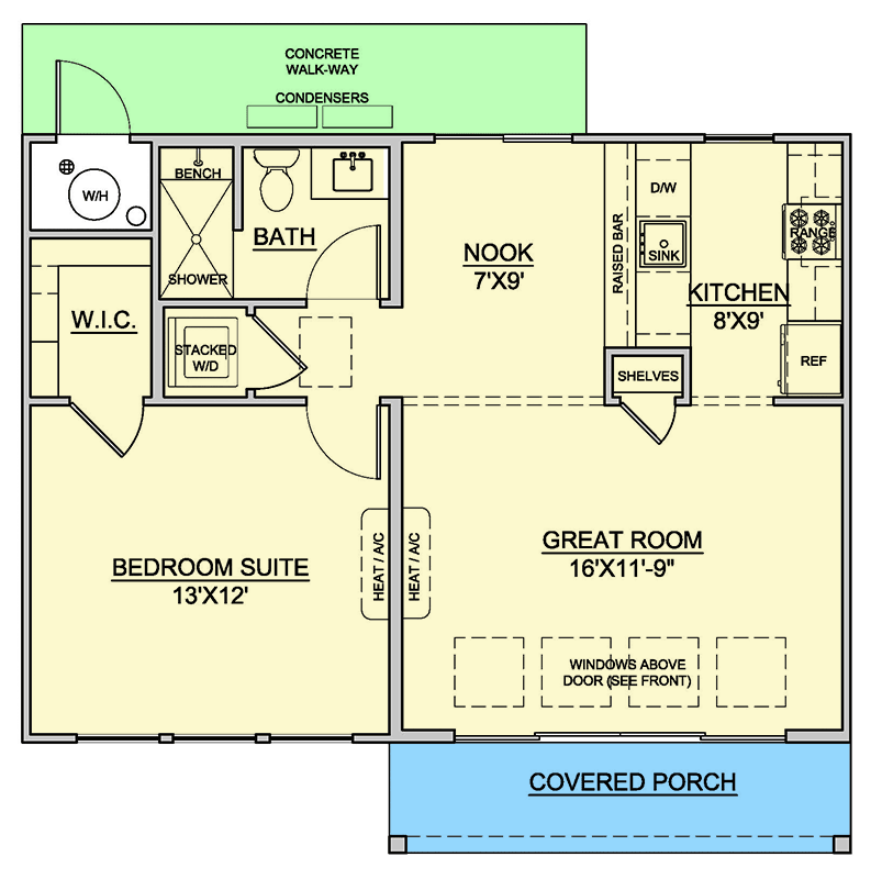 Plan 370043SEN: 1-Bed Contemporary ADU with Roll-In Shower and Covered Front Porch - 660 Sq Ft - Floor Plan - Main Level - Contemporary