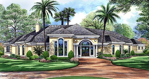 House plan exterior of a single-story home with a hip roof, arched entry, and prominent gables.