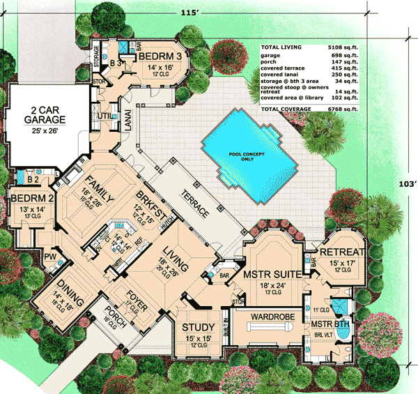 Plan 36121TX: Rear-Facing Oasis with Master Retreat - Floor Plan - Main Level - European, Mediterranean