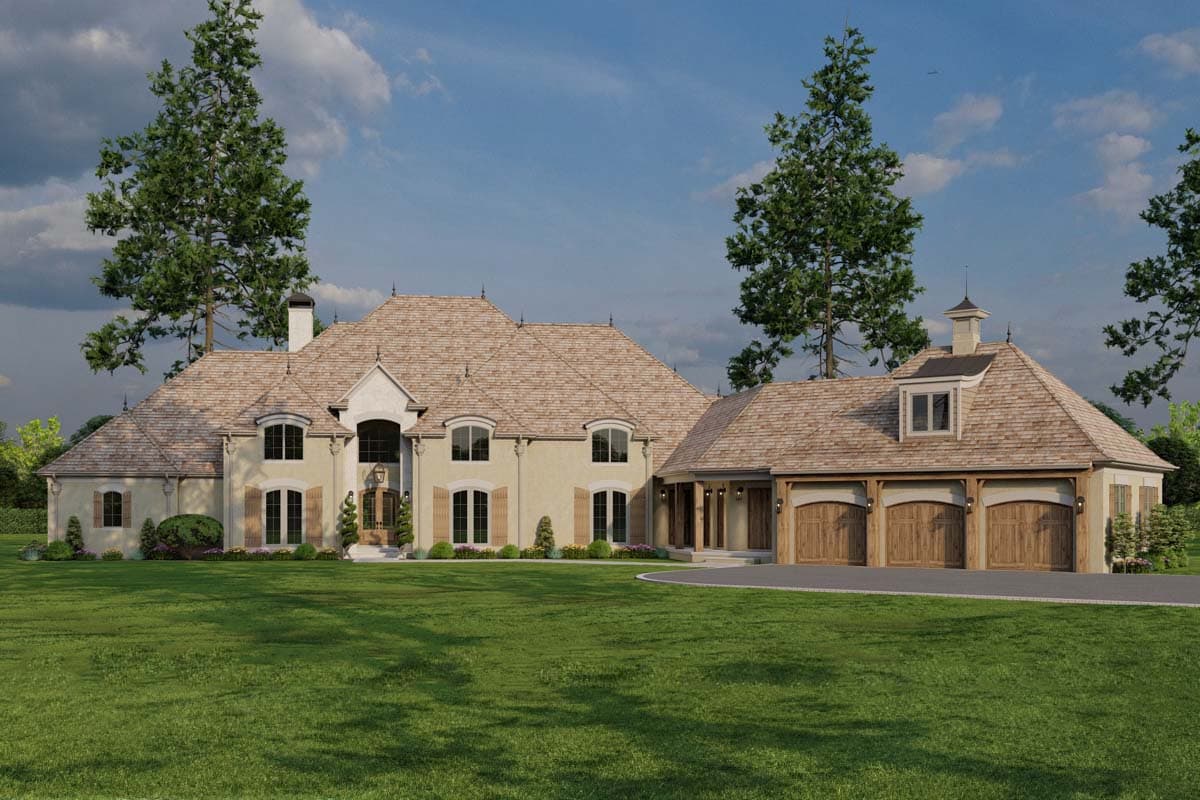 House plan exterior. Two-story home with a hipped roof and multiple gables. Features a portico and a detached garage with wood doors.