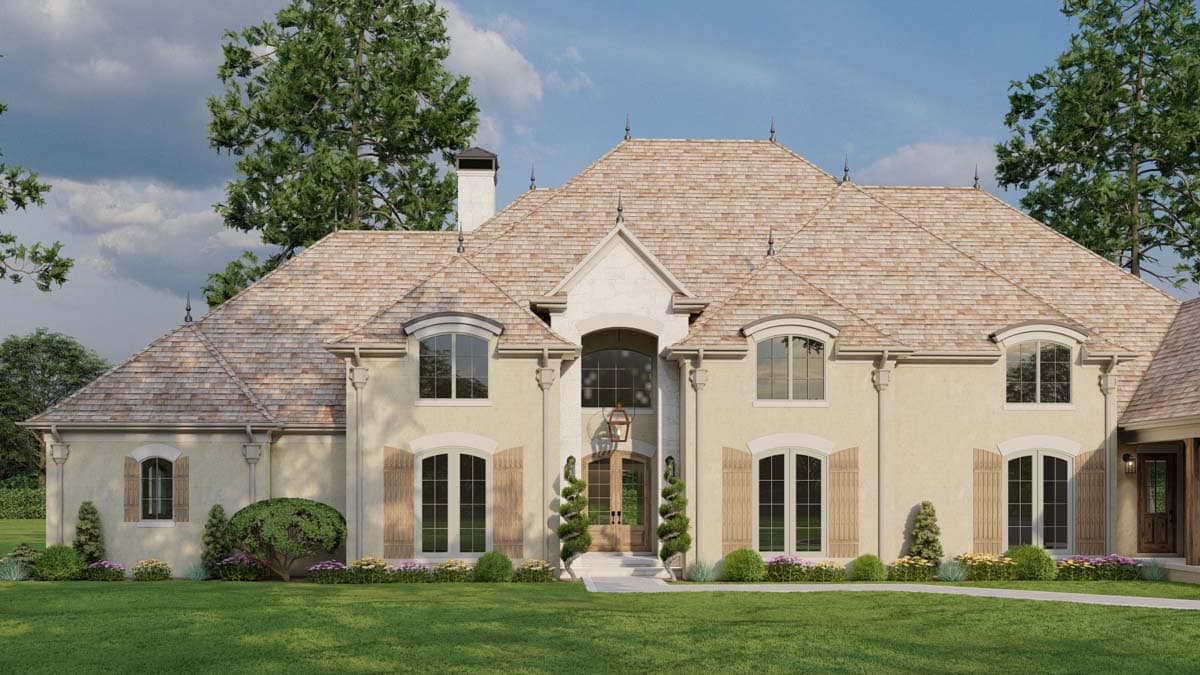 House plan exterior: French Provincial style, two stories, arched windows, shutters, and prominent gables.
