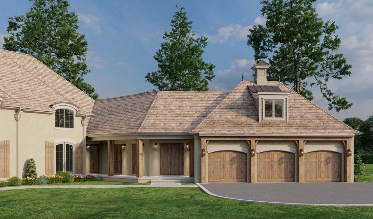 House plan exterior with a prominent gambrel roof, arched garage doors, dormer, and covered entry.