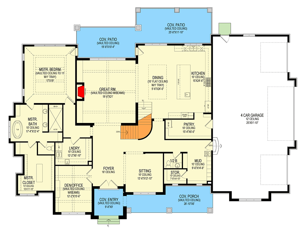 Plan 290182IY: 5 Bed Transitional House Plan with 4-Car Garage - 5244 Sq Ft - Floor Plan - Main Level - European, Transitional
