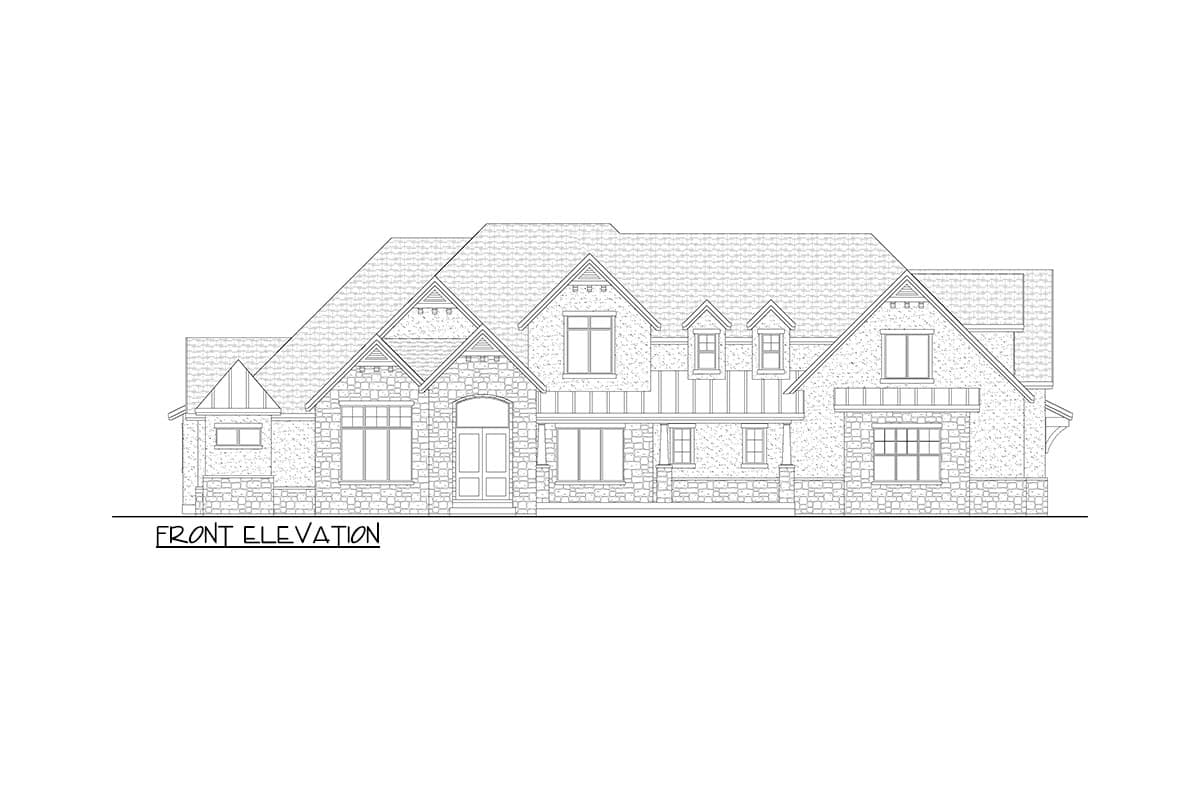 Front elevation drawing of a multi-story house plan with stone accents, dormers, and a prominent gable.