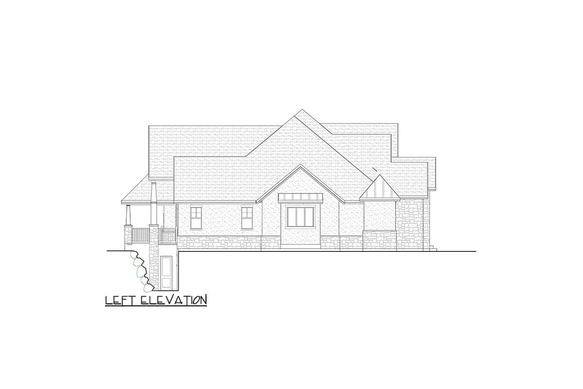 Left elevation drawing of a house plan featuring a covered porch, stone accents, and a prominent gable.
