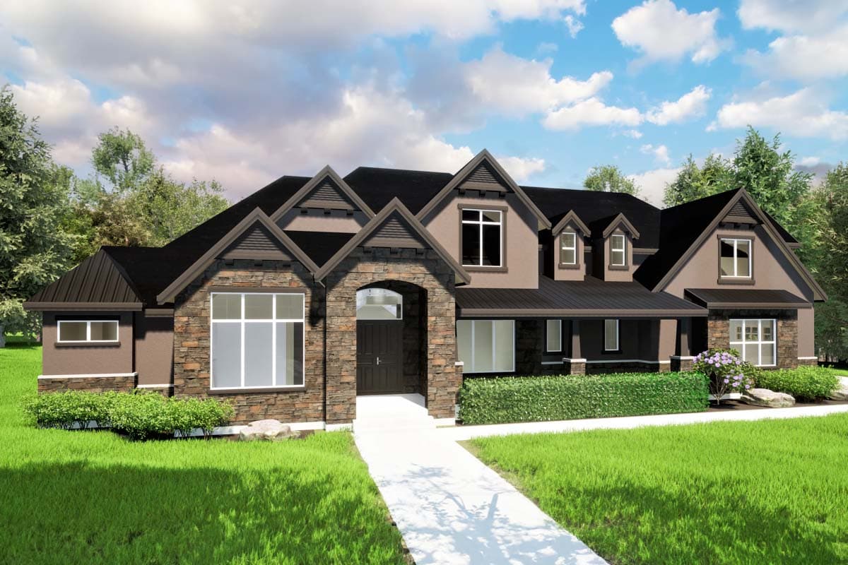 House plan exterior. Two-story home with Craftsman style elements. Features include gabled roof, stone accents, and covered porch.