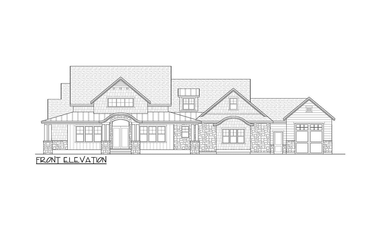 Front elevation drawing of a multi-story house with stone and shingle siding, prominent gables, and a covered porch.