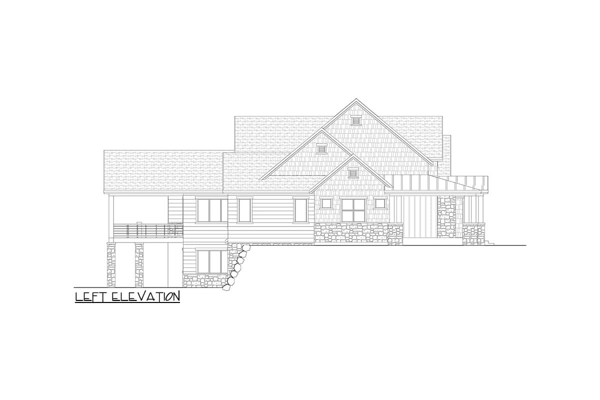Left elevation house plan showing a multi-story structure with gables, dormers, shingle siding, and stone accents.