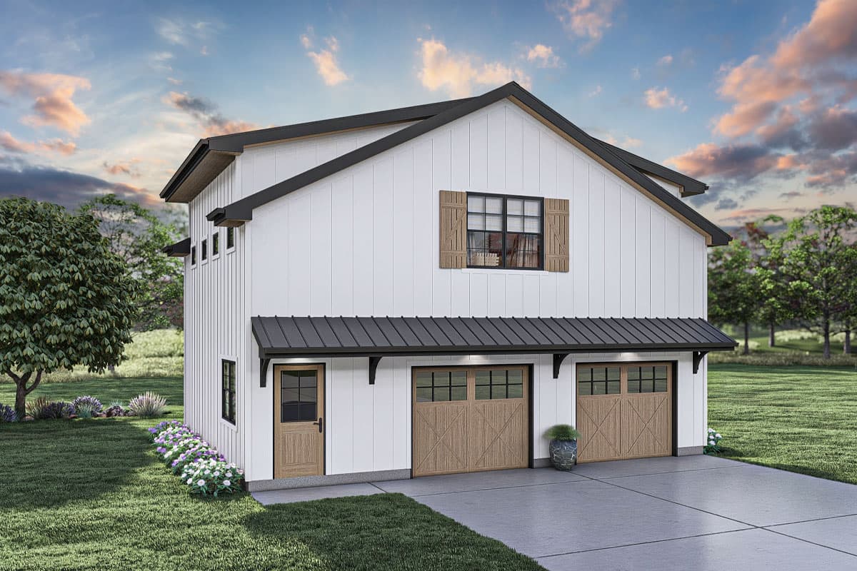 House plan exterior. Two-story Modern Farmhouse with board and batten siding, two-car garage, and shed roof over the garage doors.