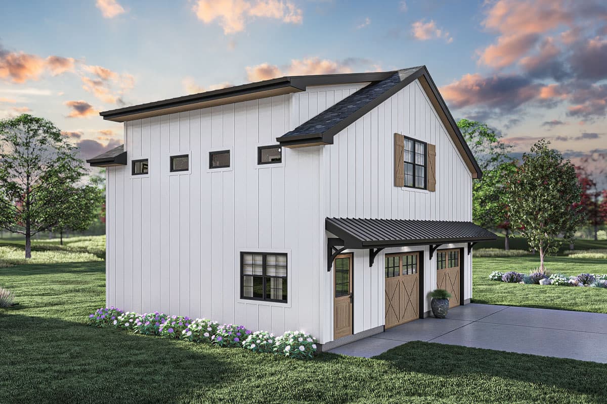 Modern farmhouse style house plan exterior with white vertical siding, two-car garage, and multiple small windows.