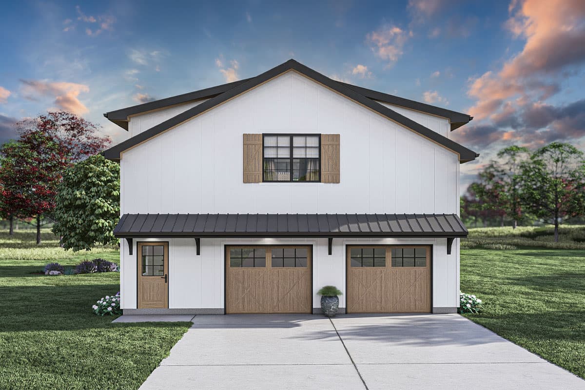 Modern Farmhouse house plan exterior with white vertical siding, a metal roof, and a two-car garage with wood doors.