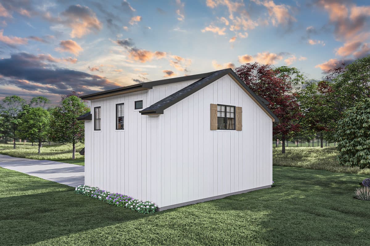 House plan exterior rendering of a white, two-story modern farmhouse with board-and-batten siding, gable roof, and a single window with shutters.