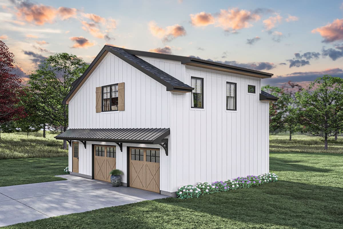 House plan exterior: Two-story modern farmhouse with two garage bays, metal awning, and board and batten siding.