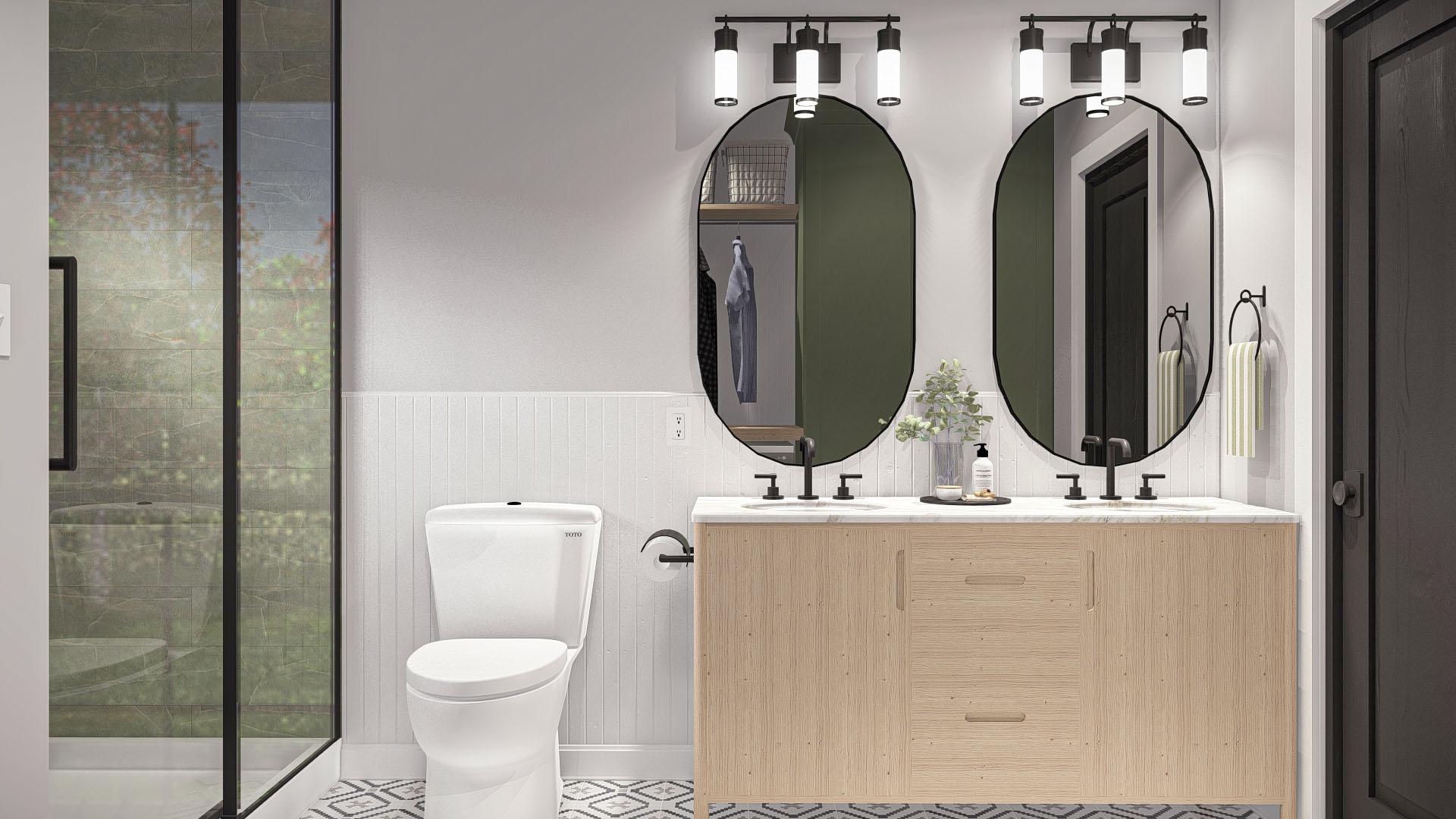 Modern bathroom with double vanity, oval mirrors, walk-in shower with tiled walls, and decorative floor tile.
