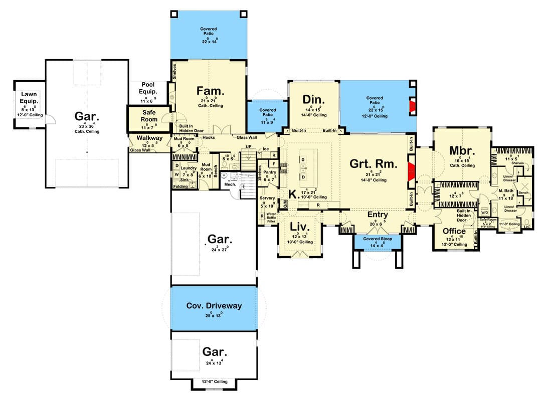 Plan 623340DJ: Transitional House Plan with 5 Bedrooms and a Safe Room - 4774 Sq Ft - Floor Plan - Main Level - European, French Country, Transitional