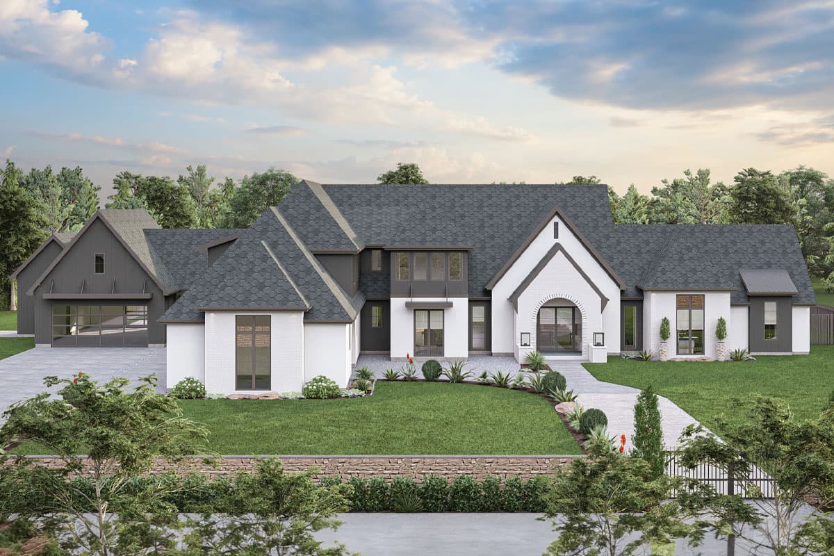 Modern Farmhouse house plan exterior with gables, arched entryway, and attached garage with glass doors.
