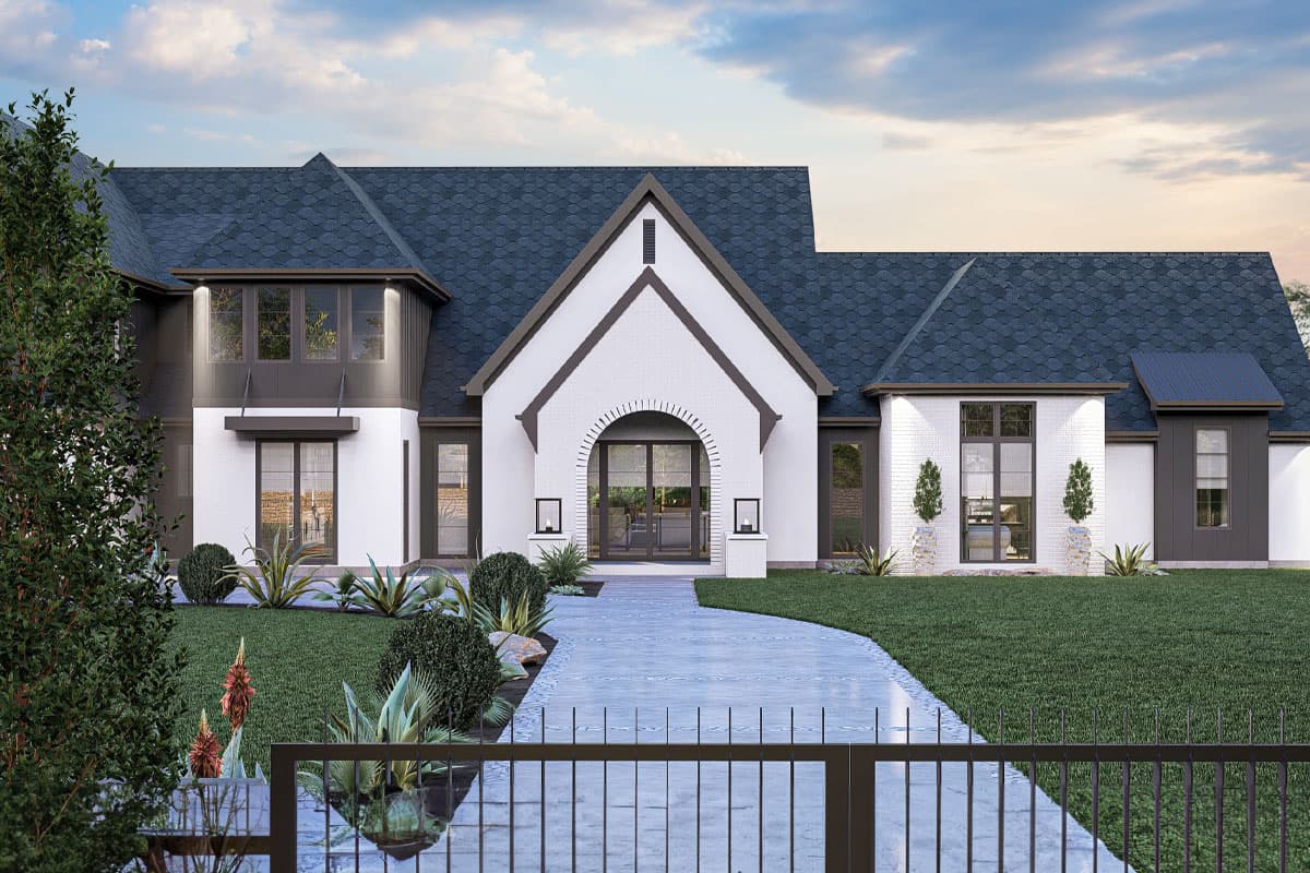 Modern Farmhouse house plan exterior with a gabled entrance, multiple dormers, and a dark shingle roof.