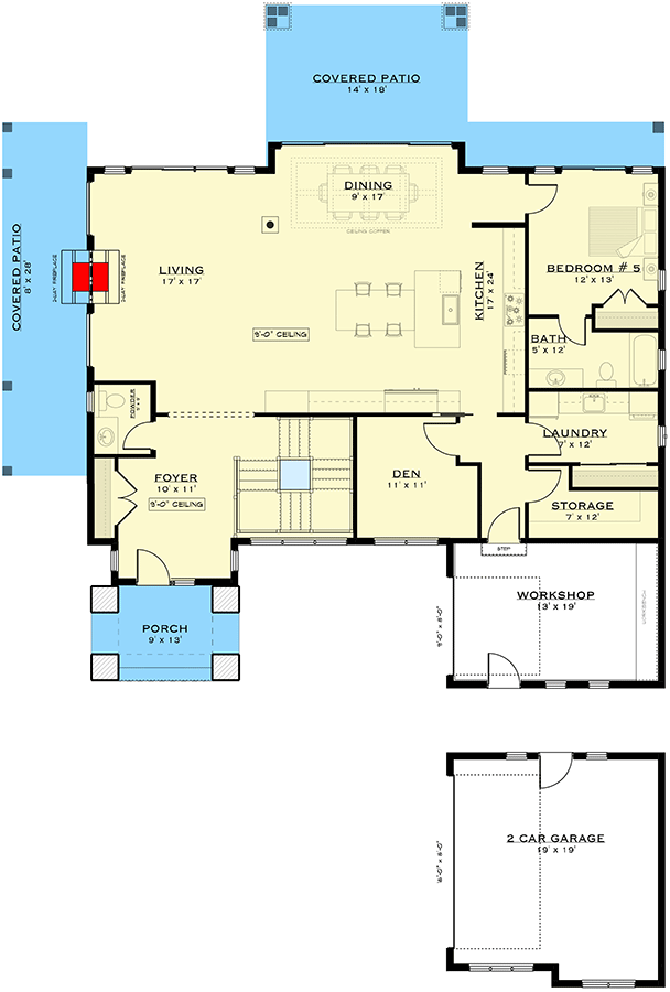Plan 147000RML: Modern Farmhouse with Five Ensuite Bedrooms and a Workshop - 3978Sq Ft - Floor Plan - Main Level - Contemporary, Hill Country, Modern Farmhouse, New American, Transitional