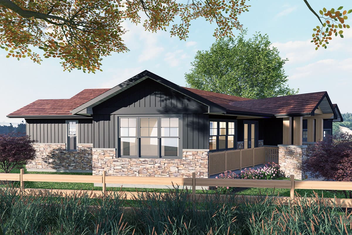 House plan exterior: Single-story Modern Farmhouse with stone foundation, vertical siding, gable roof, and covered entry porch.