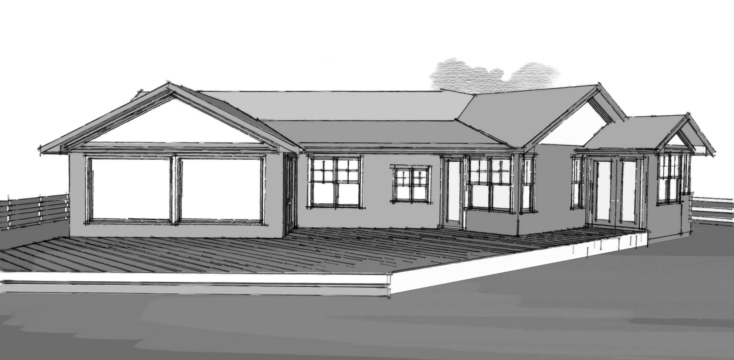 House plan exterior with gabled roof, large picture windows, a covered porch, and double doors.