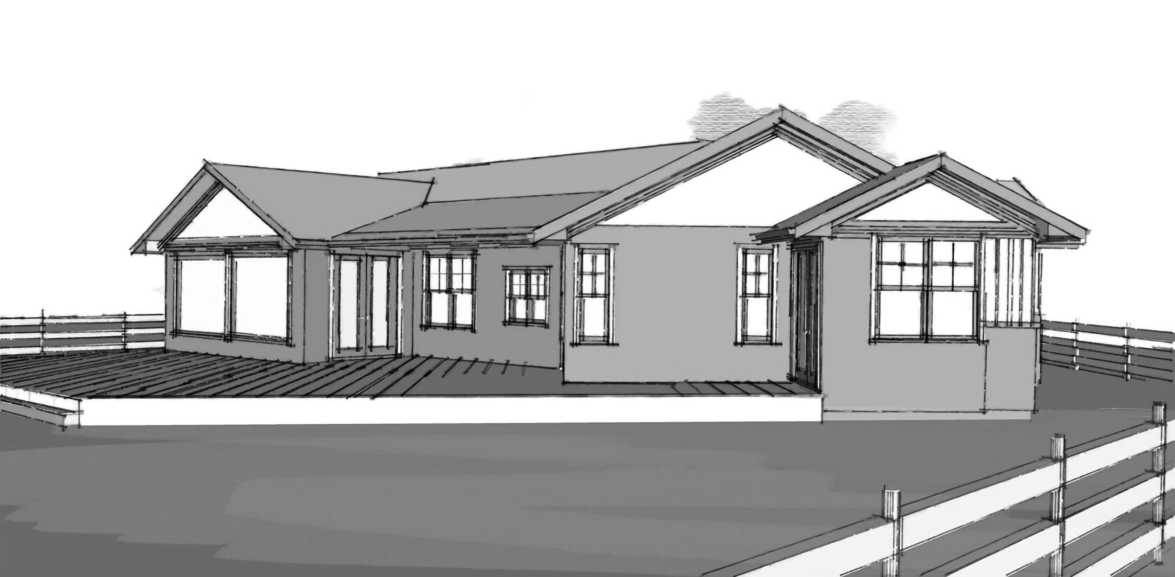 House plan exterior rendering of a one-story home with gables, multiple windows, and a wraparound deck.