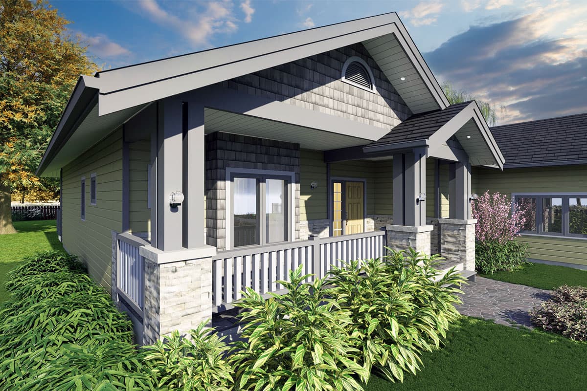 House plan exterior: Craftsman style, single-story with a covered front porch, stone accents, and gabled rooflines.