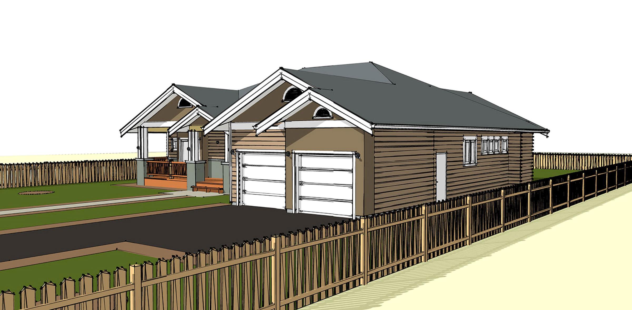 House plan exterior: One-story home with hip roof, covered front porch, gable dormers, and attached two-car garage.